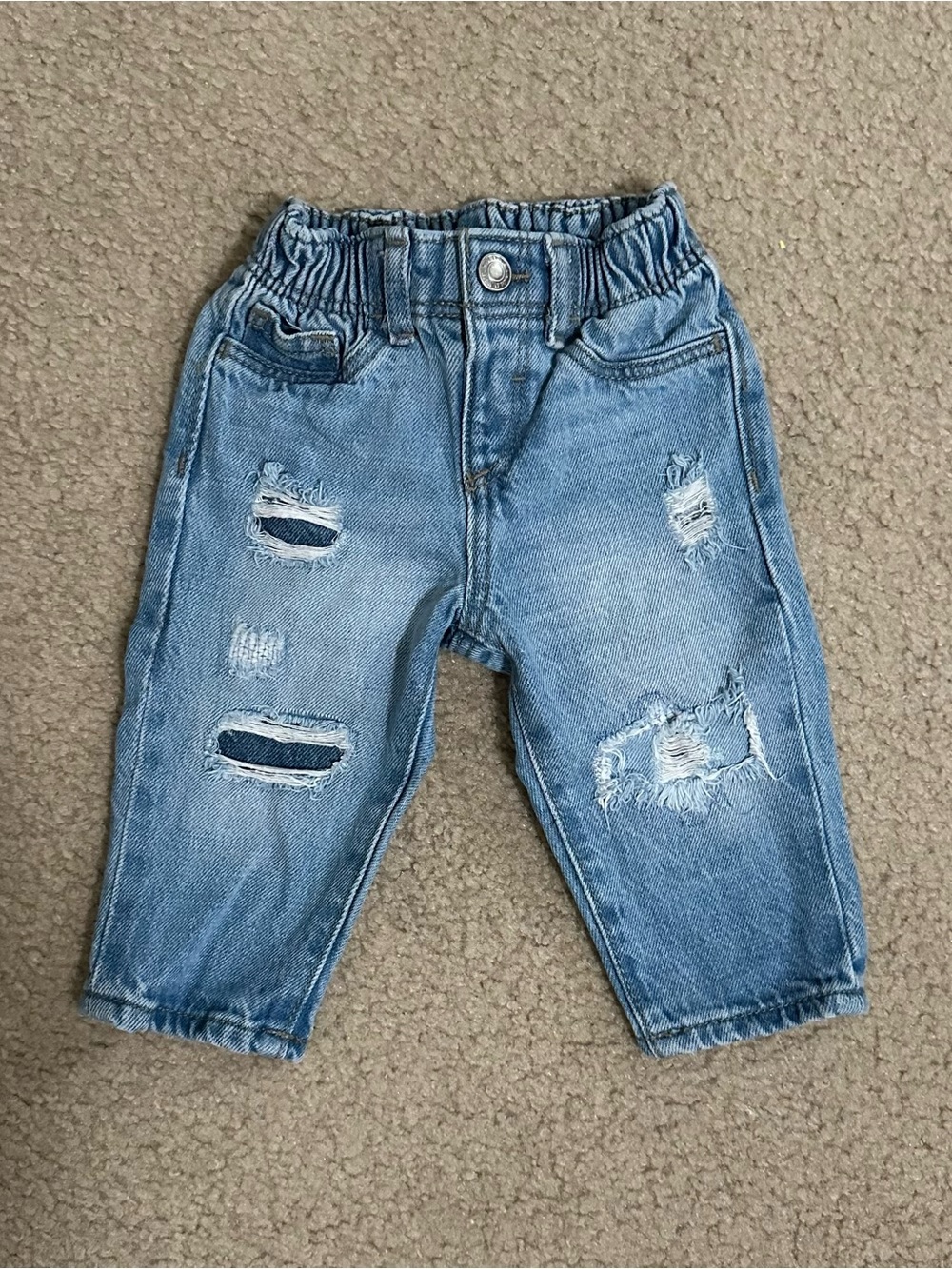 Baby Distressed Elastic-Waist Denim Pants - Light Blue 3-6M